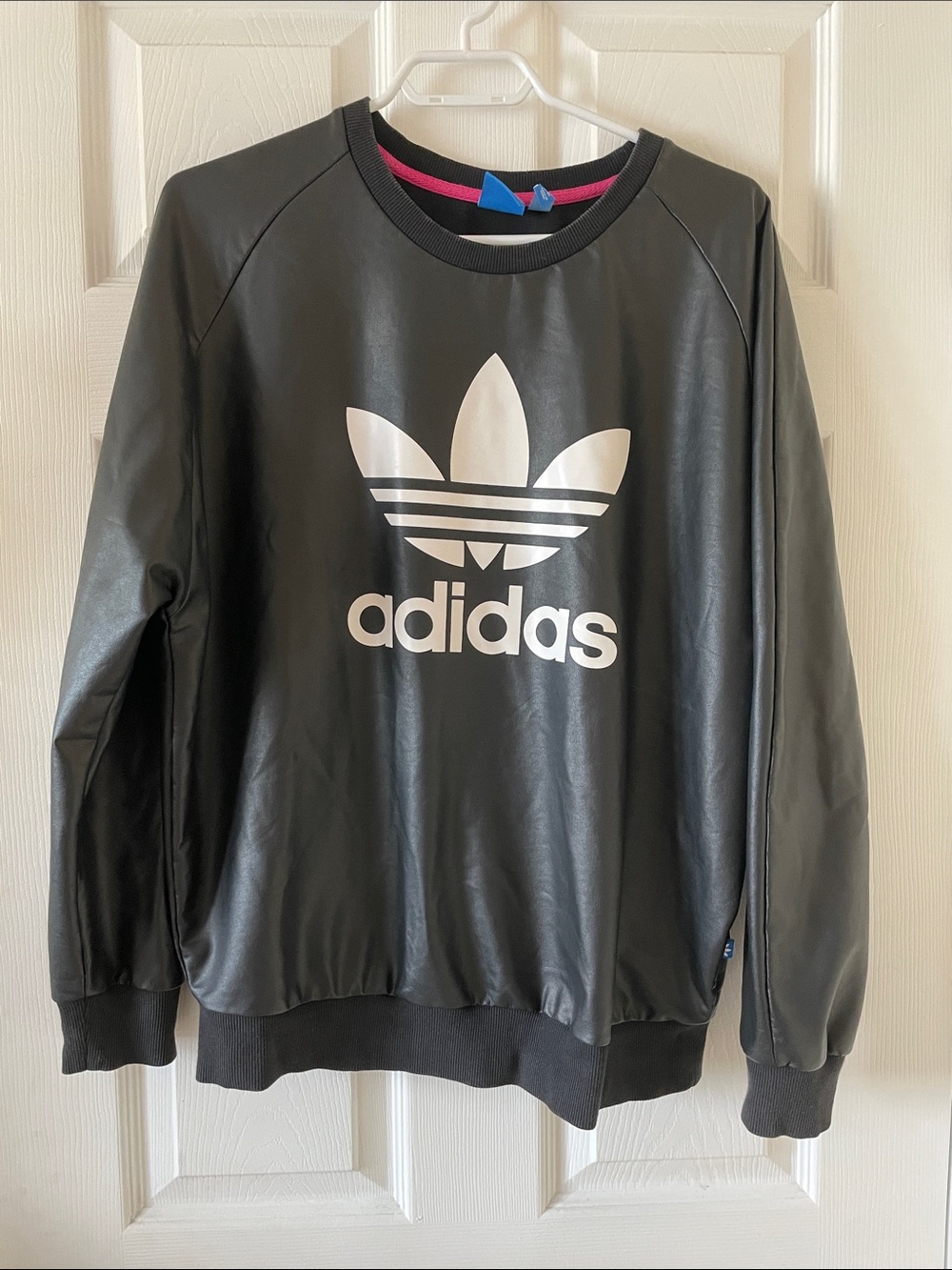 Adidas rare wet look faux leather trefoil crew neck sweatshirt